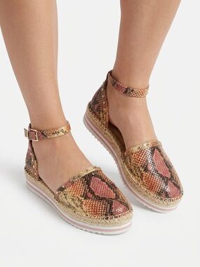 Woven Snake-Print Espadrille Flatform Sandal in Pink and Tan